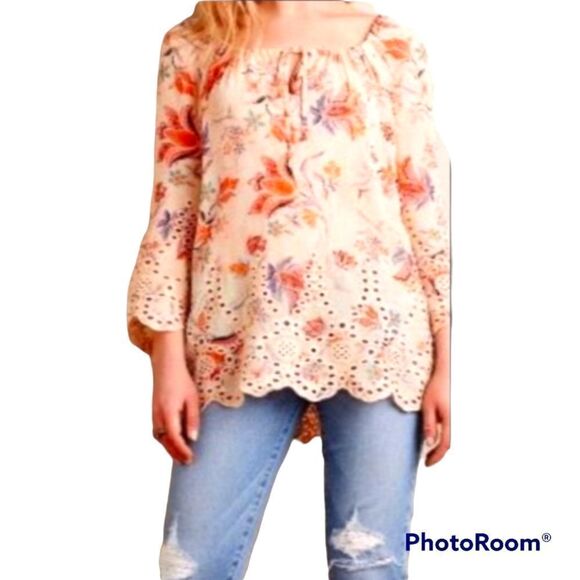 Anthropologie Meadow Rue Garden peasant lightweight scalloped trim oversized top - Picture 1 of 6